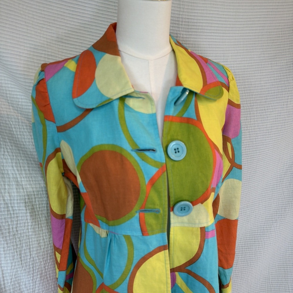 3 SISTERS Vintage Women Linen Colorful Coat Geometric Print Size 3